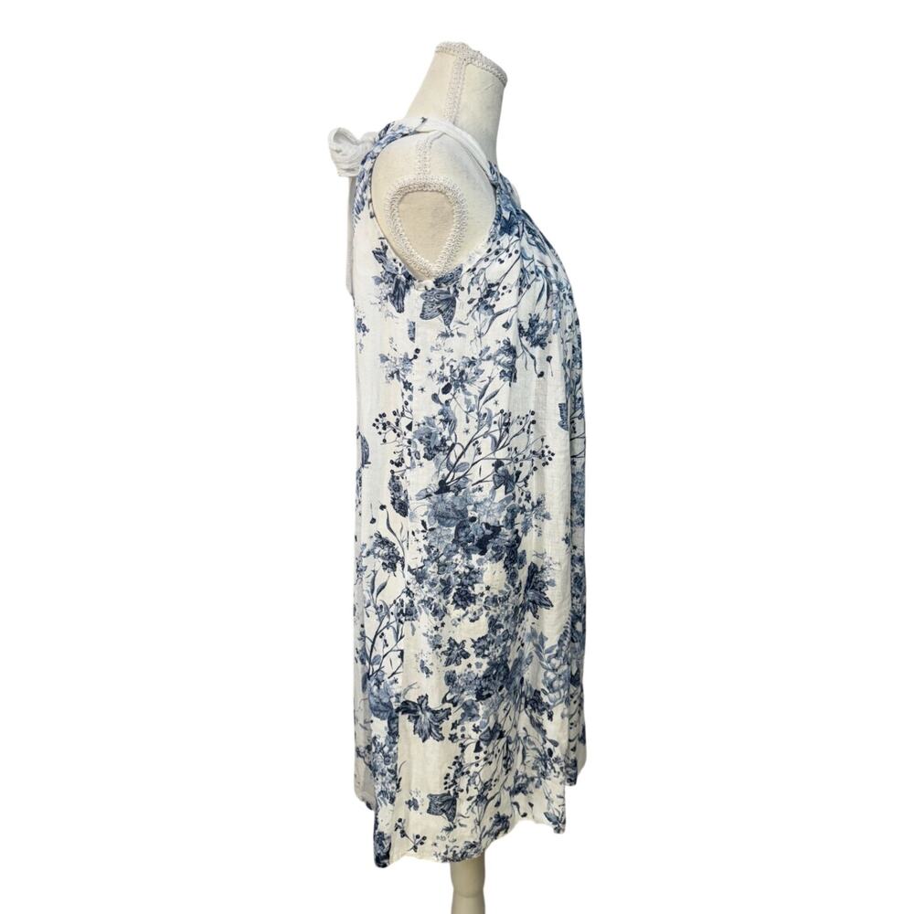 Italian Linen Trapeze Dress Ecru Blue Toile Floral Tie Neck Lined S/M Resort - Picture 9 of 14